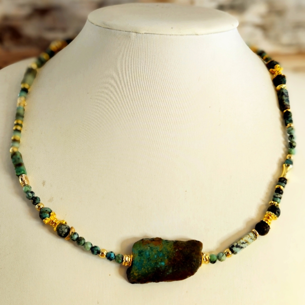 African Turquoise Necklace In Gold Plated To Attract Luck And Fortune
